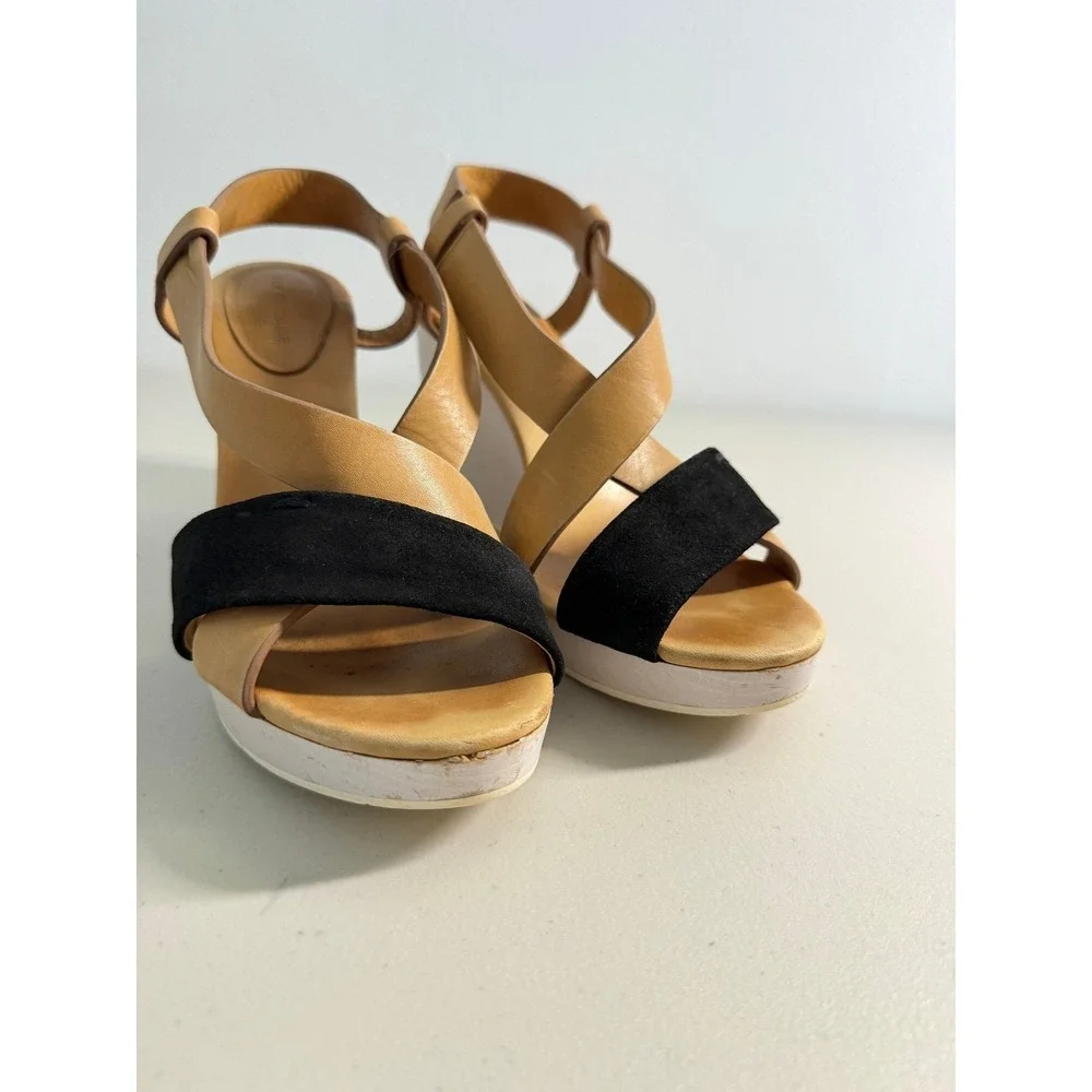 See by Chloe Leather Suede Colorblock Wedge Sandals Tan Black White 40 10